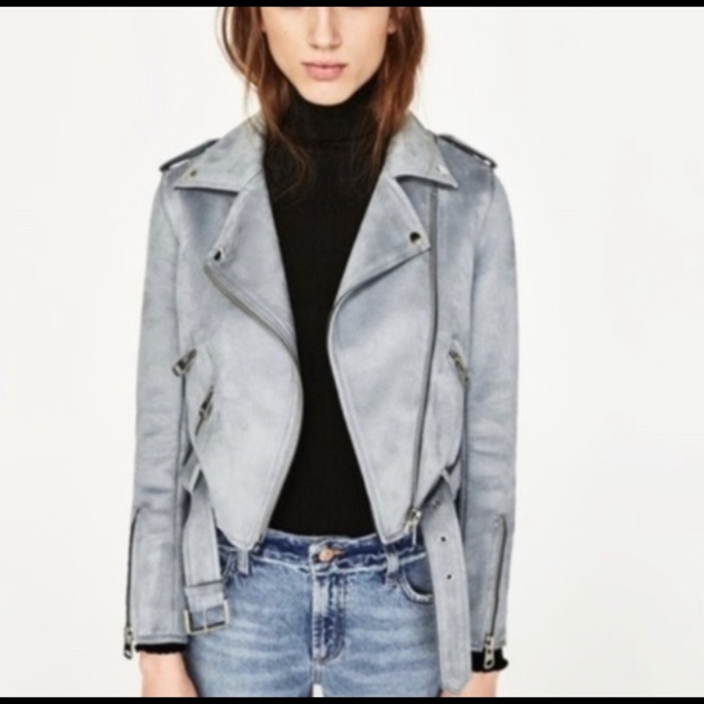 Zara Faux Suede Light Blue Biker Jacket